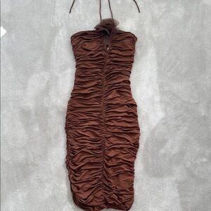 Ronny Kobo Brown Ruched Halter Dress, size S